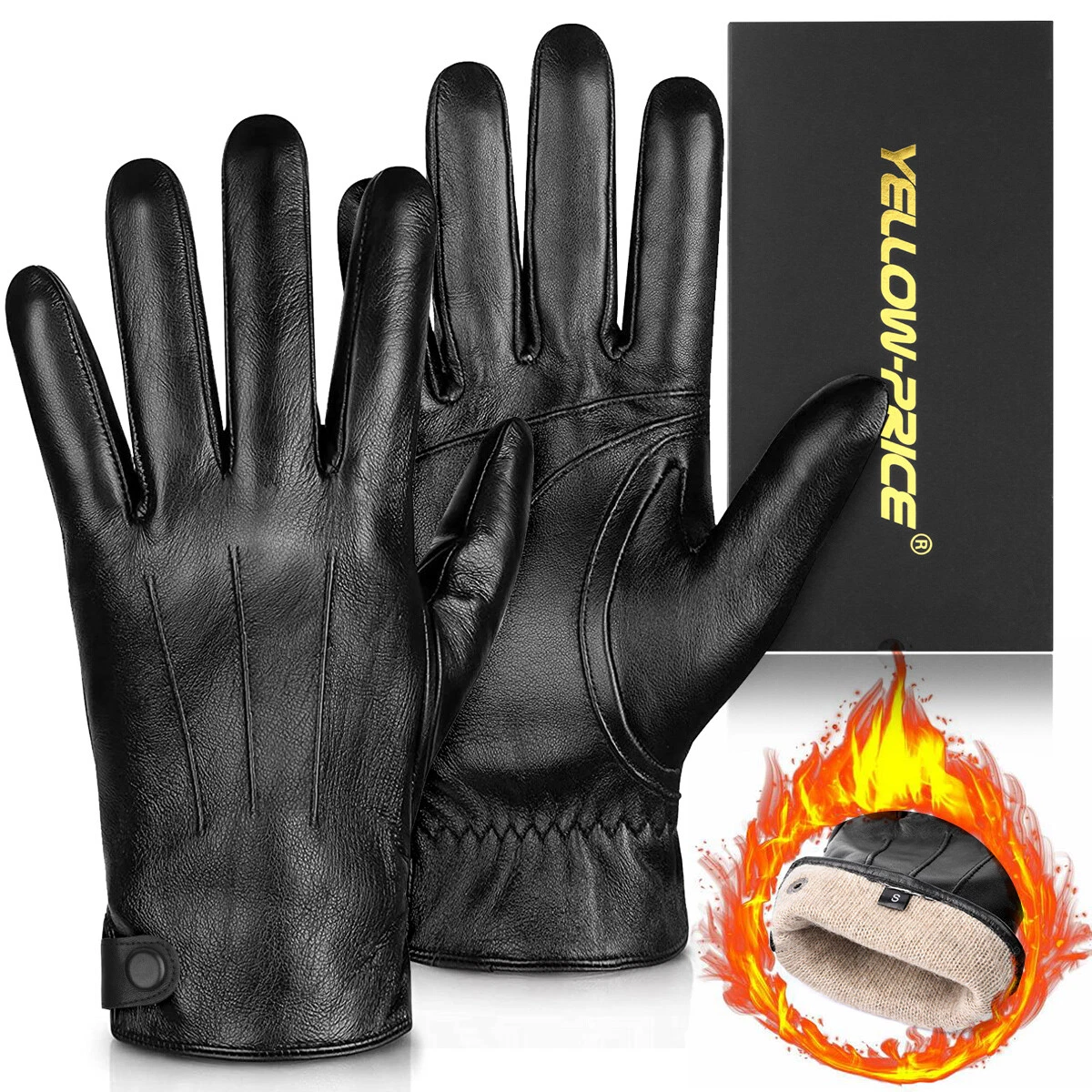 Mens Black Luxury Genuine Leather Gloves with Sheepskin Wool Lining Extra Warm