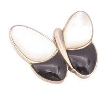 925 Sterling Silver Vintage Brooch Pin Mother Of Pearl & Onyx Butterfly  BP10783