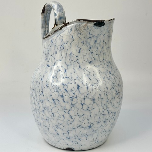 Antique French Country Kitchen Marbled Blue & White Enamel Jug Pitcher - Picture 12 of 16