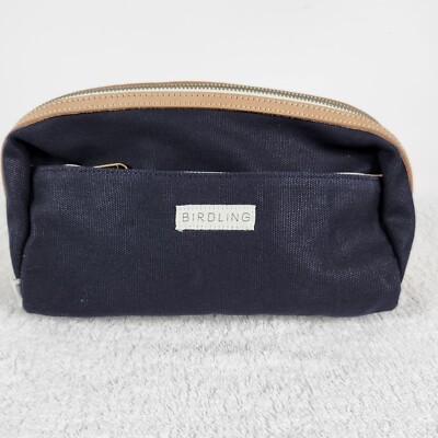 Birdling Essential Makeup Bag Blue Canvas Leather Toiletries Travel Kit NWOT