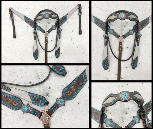 Leder Western Kopfstück Set für Pferd verziert mit holografischem Snack Print - Bild 13 von 79