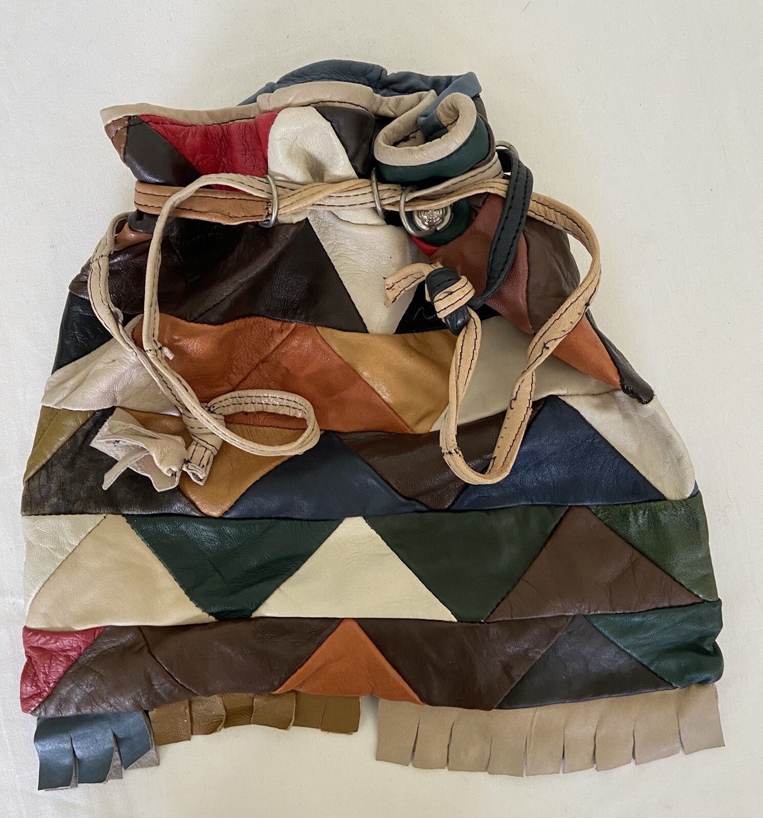 1970s Patchwork Leather Drawstring Wrist Bag Hand… - image 1