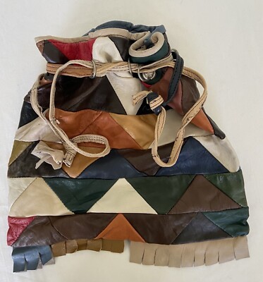 70er Jahre Patchwork Leder Kordelzug Handgelenktasche Handtasche