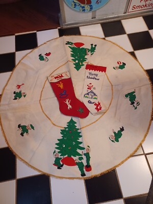 Vtg Mid-century 50s 60s Hand Embroidered Christmas Tree Skirt Stocking Elf  Elves
