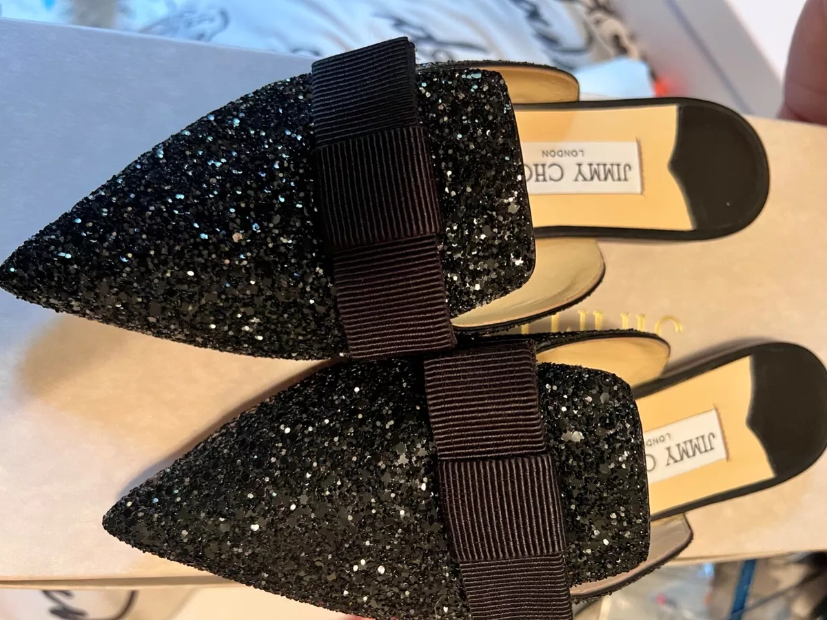 AUTHENTIC Jimmy Choo Black Coarse Glitter Galaxy Mule Flats Size
