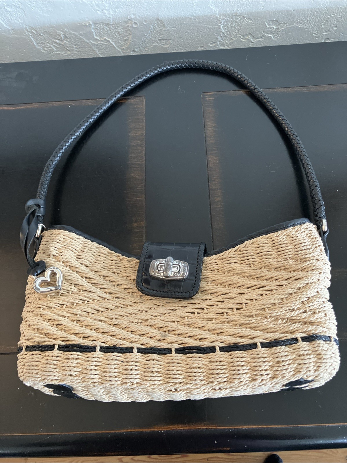 Brighton Wendy Tan/Blk Woven Jute w/Chocolate Leather Shoulder Bag Style: H70224