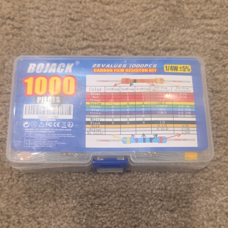 BOJACK Carbon Film Resistor Kit 25 Values 1000pcs 1/4W ±5% Axial
