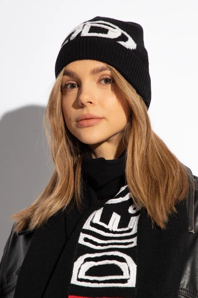 Diesel Hombres K-Peel Bigd D Logo Gorro Lana Acanalado Tejido Diseño Lujo Informal Italiano Foto 4 de 4