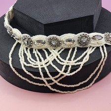 Ivory Beaded Rhinestone Crystal Draped Headband Bridal Glam Statement Hairpiece
