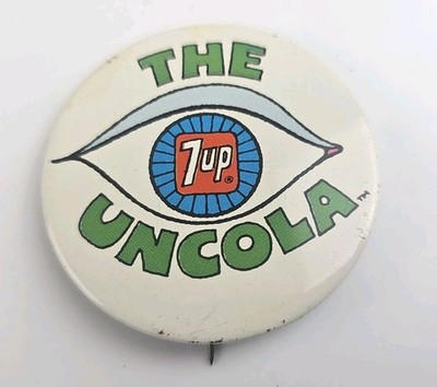 Vintage 7-UP The Uncola Soda Soft Drink Hippie Peace Eyes 2 1/4  Pinback Button