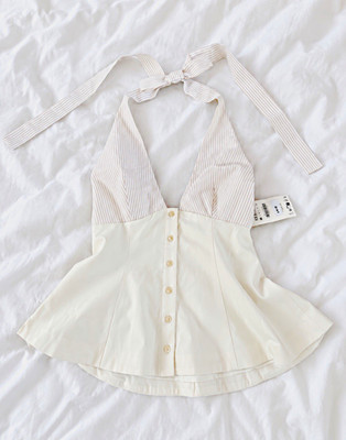 Zara Women's White/Beige Striped Halter V-Neck Button Front Blouse, Size XS