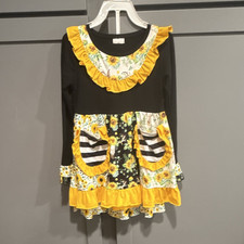 Girls 2 piece set L Black Yellow White Floral Ruffle Long Sleeve Pockets size5/6