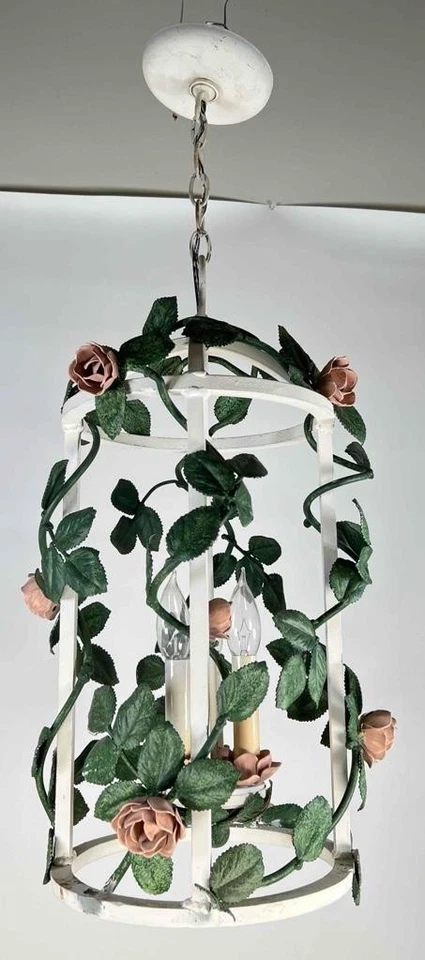 1950s Mid Century Italian Cast Iron Rose Vine Lantern Pendant Light Chandelier - Image 3 of 4