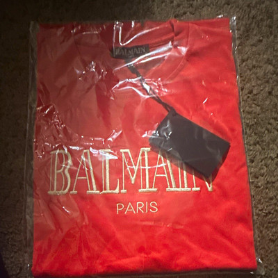 Balmain Paris Men's Red Crew Neck Short Sleeve Logo T-Shirt, Size L NWT