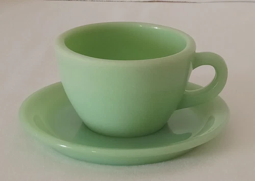 Fire King Jadeite Oven Ware Restaurant Coffee Tea Cup & Saucer READ FLAWS