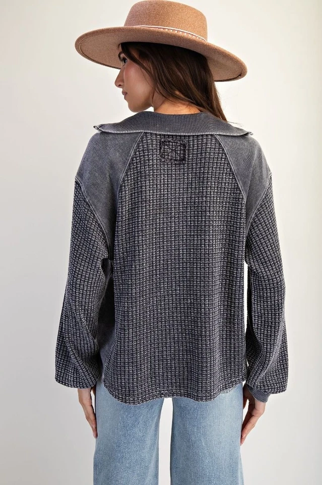 Easel Women's Thermal Waffle Knit Zip-Up Long Sleeve Washed Top in Ash Navy - Image 4 of 4