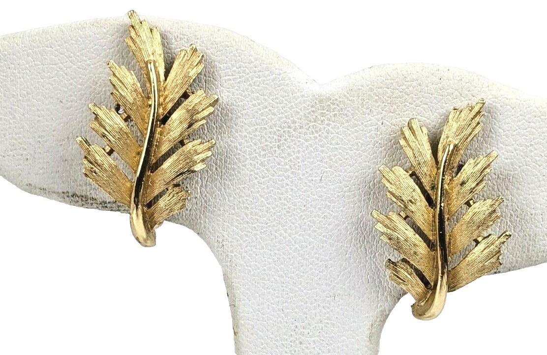 Vintage Signed Crown Trifari Brushed Gold Tone LEAF Clip On Earrings