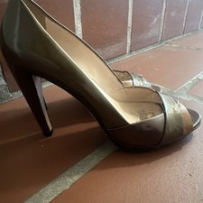 Vintage 2000s, 2010s Prada Pumps Curve Heel peep toe patent leather size 38 1/5
