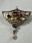 Artisan Vintage Pendant Brooch Sterling Silver Gold Gemstones Dangle Pearl — photo 4