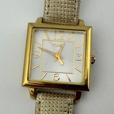 Timex Quartz Watch Women Gold Tone Square Leather Band Textured Dial New Batter