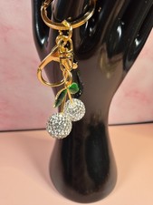 Withe Cherry Purse Charm Keychain Gold Tone Rhinestone Bag Charm Cute Accessory