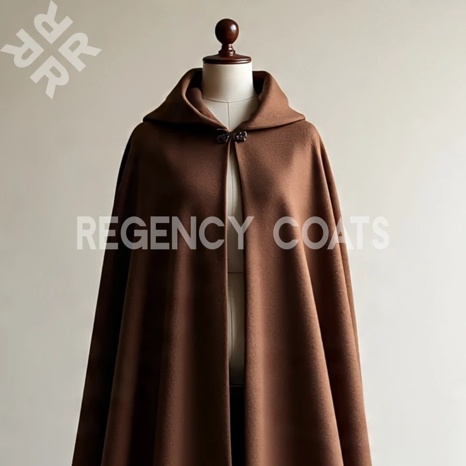 Halloween Círculo Completo Lana Marrón Capa con Capucha, Hasta el Suelo Bruja Gótica Capa Foto 2 de 4