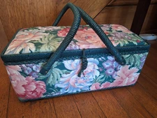 Vintage Green Wicker Trim Bold Floral Portable Sewing & Notions Basket Organizer