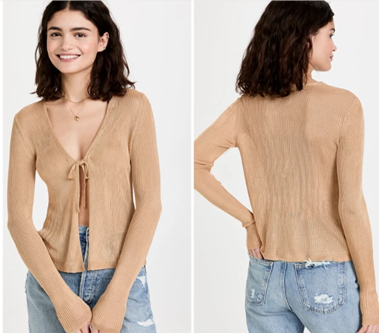 Free People Womens Marlena Tie Front Fine Knit Cardigan Sable Gold Size L - Image 2 of 4