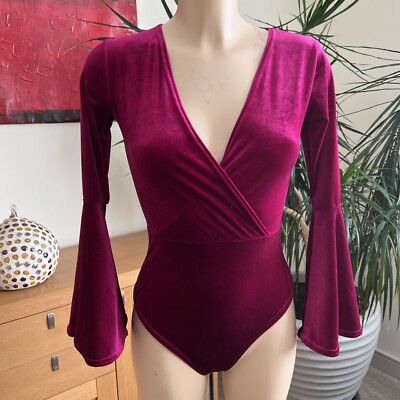 Get Crooked Fuchsia Velour Ladies Bodysuit Bell Sleeves Top UK S BNWOT RRP £85