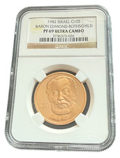 Israel 1982 Gold 1/2 oz 10 Sheqalim NGC PF69UC Baron Edmond Rothschild 2921.12 per troy oz