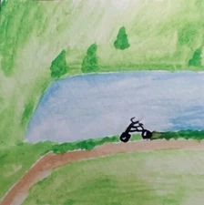 Bike Ride IMPRESSIONISM ORIGINAL PAINTING 4x4 WHIMSICAL Pond Lake GAT Paintings