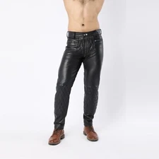Men Real Leather Quilted Pants with Zipper Sheep/Lambskin Leather Biker Trouser 