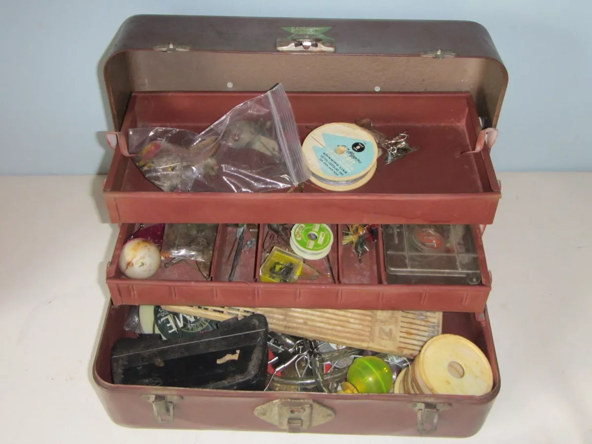 JC Higgins Excelsior metal Tackle Box -with assorted Tackle, Lures flies ,  etc