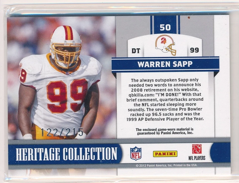 2011 Panini Totally Certified Heritage Collection Materials /215 Warren Sapp HOF - Image 2 of 2