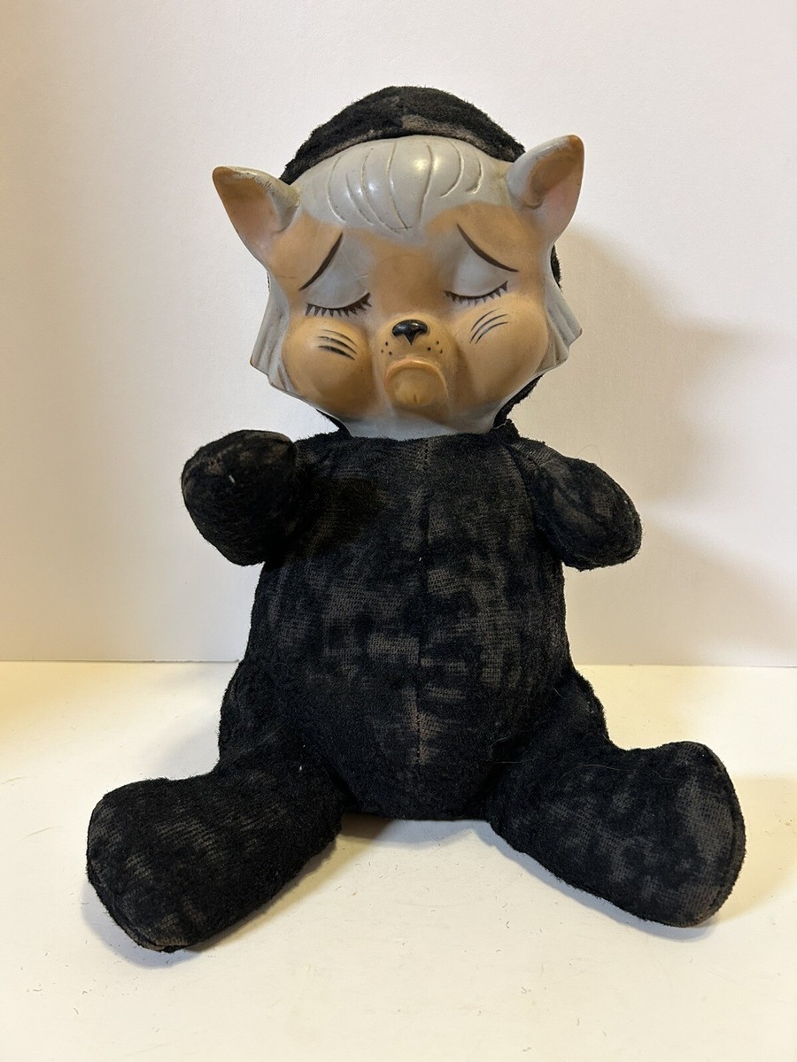 VINTAGE RUBBER FACE PLUSH BLACK CAT RARE BEAR POUTING