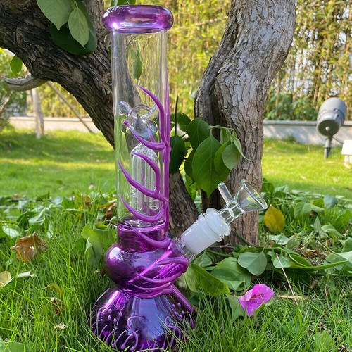 10 Zoll lila leuchten im Dunkeln Glas Bong Tabakblase Rauchen Wasserpfeife mit Schüssel - Bild 2 von 10