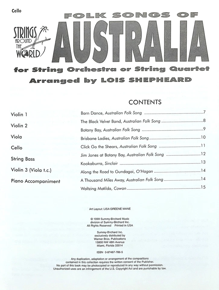 Folk Songs of Australia for String Orchestra or String Quartet for Cello - Image 2 of 4