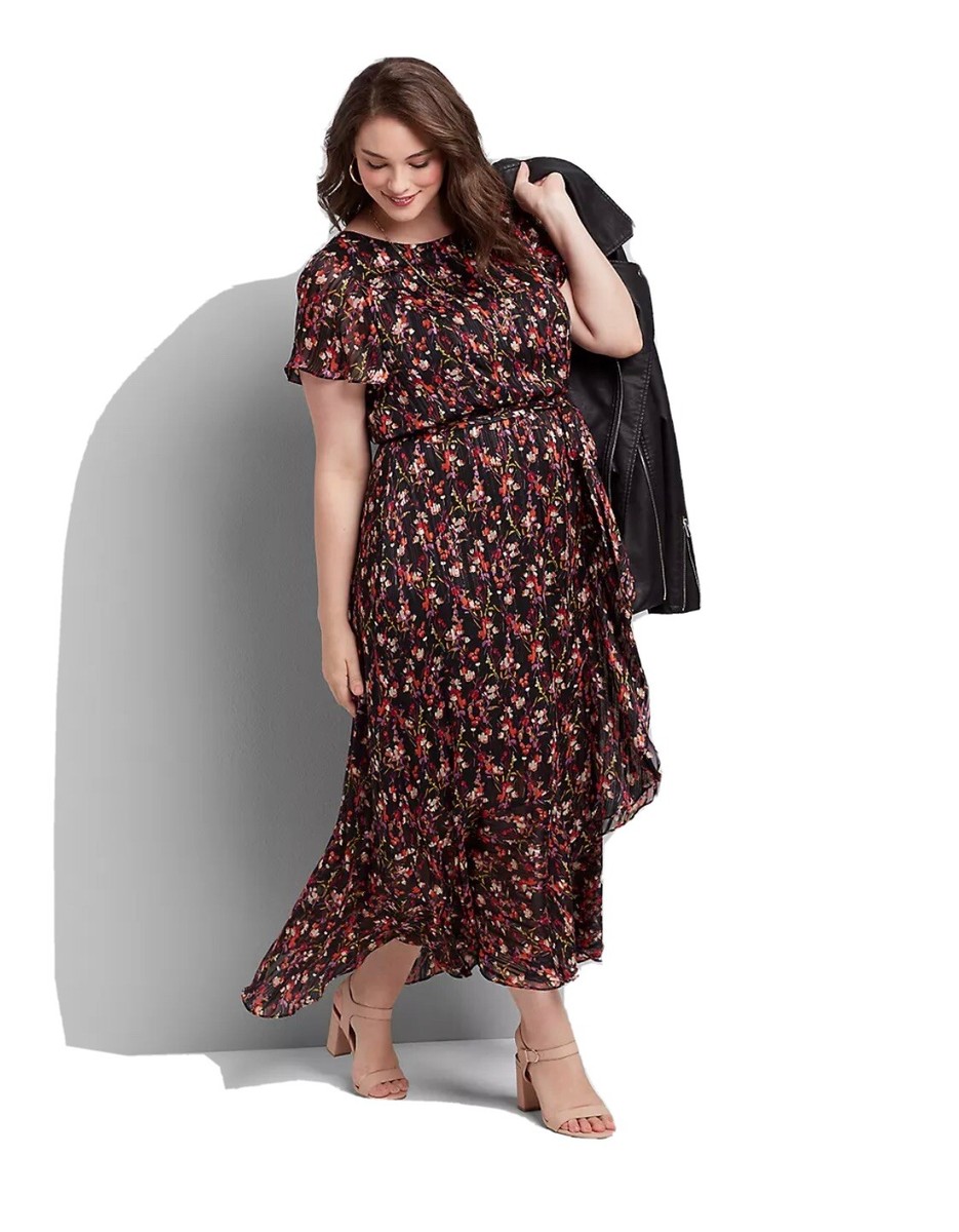 Black Shimmer Floral Midi Dress (Size 16) | eBay