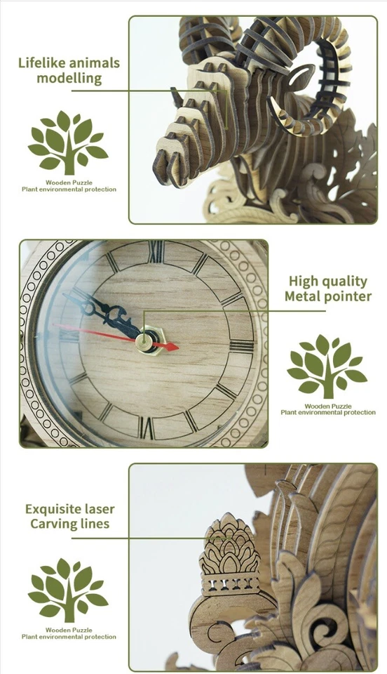 Rompecabezas de madera 3D para adultos - Reloj rompecabezas de madera Ram: Kit de reloj de madera de 97 piezas Foto 3 de 4