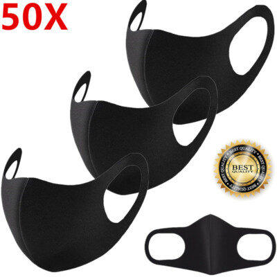 50Pcs Reusable Foam Sponge Face Mask Cloth Washable Breathable Black Face Cover