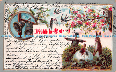 R262128 Grußkarte Osterhase Ei Glocke Blumen Vögel deutsch 1905