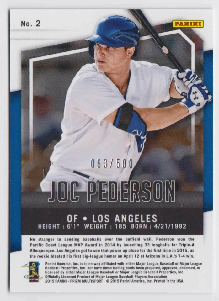 2015 Panini Cyber Monday Prizm Rookie 2 Joc Pederson 063/500 Los Angeles Dodgers - Image 2 of 2