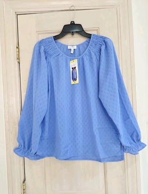 NWT Jessica Simpson Women's Blue Smocked Shoulder Long Sleeve Blouse Sz S 