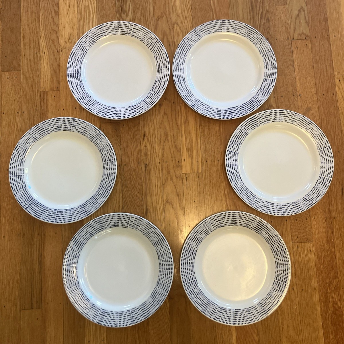 Set WEST ELM Blue White Dotted Stoneware Polka Dot Dinner Plates