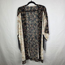 Floral Fringe Kimono Wrap Open Front Duster Black Cream Orange Boho Cottagecore