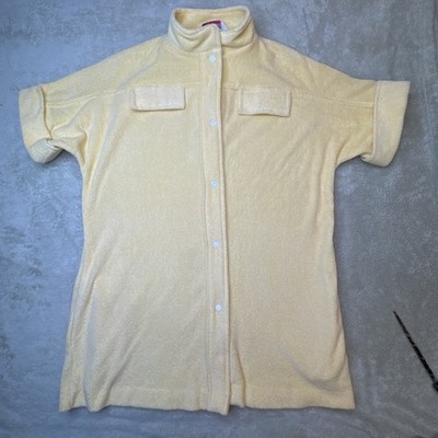 Evelyn Pearson Yellow White snap beach cover up pool robe Terry short S vintage