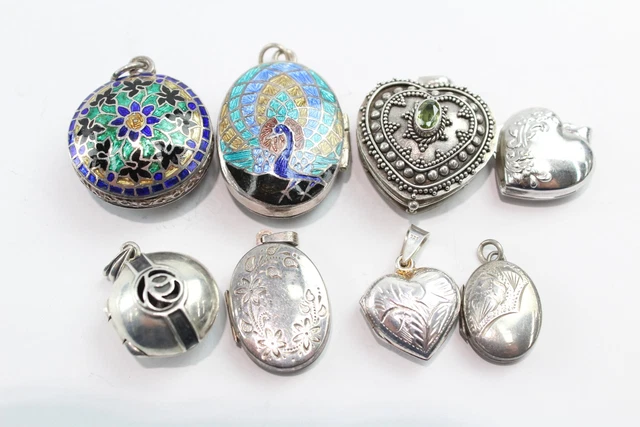 18 Sterling Silver Locket Pendants Heart Enamel Peridot Celtic Etched x 8 (38g)