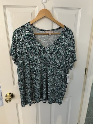 Philosophy Women's Green Pattern V-Neck Short Sleeve Top Size 1X NWT NEW SOFT