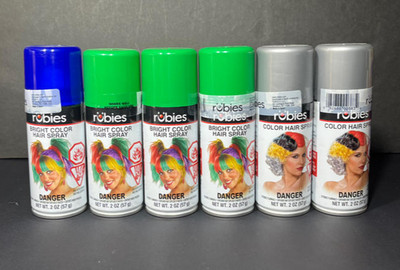 PACK of 6 Rubies Bright Color Hair Spray 2 oz ea , Blue, Green, Grey