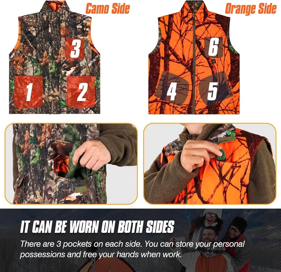 Camo and Orange Reversible Heated Vest for Hunting, Lightweight Heating Game Saf - Image 4 of 4